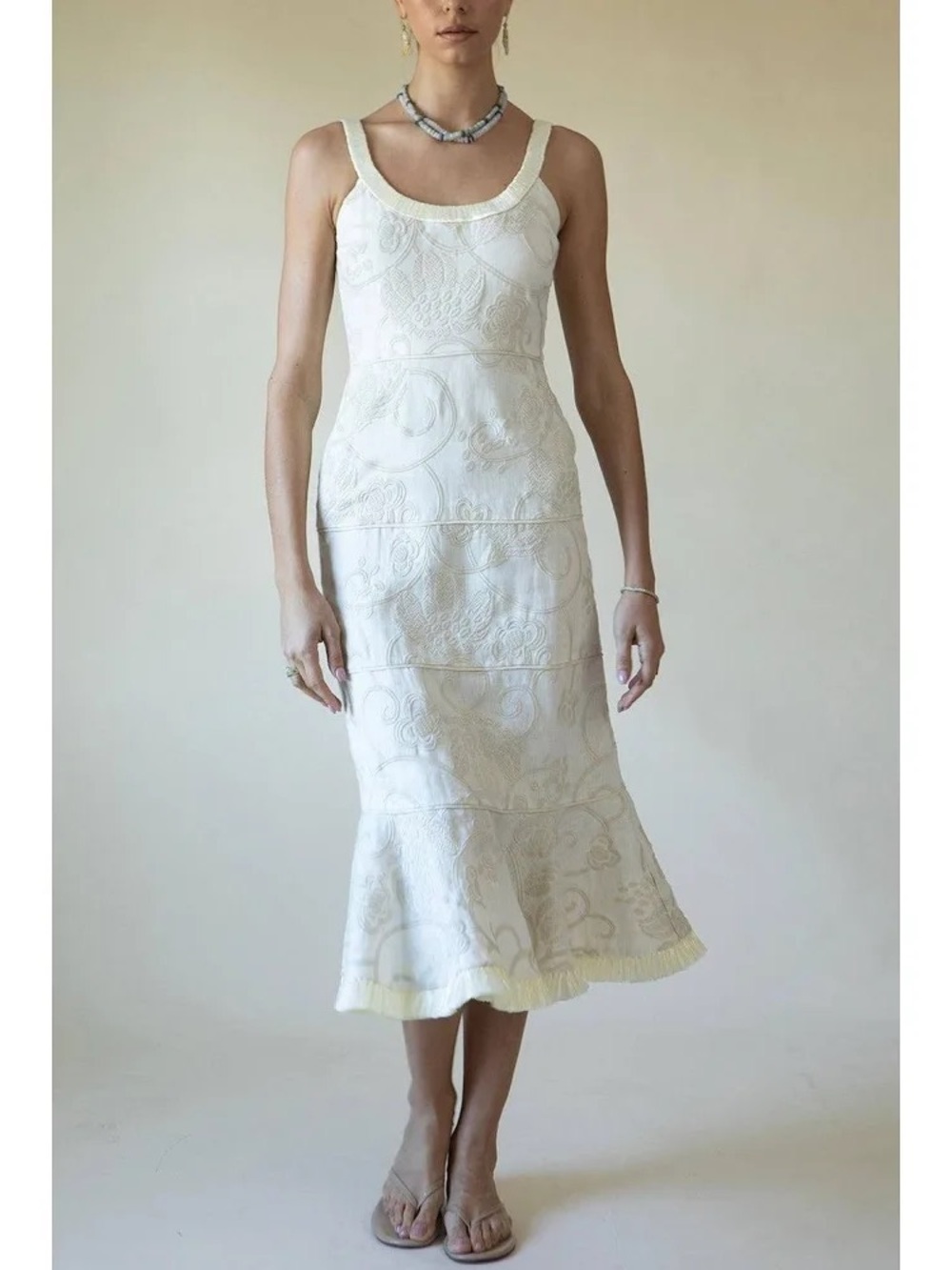 ALEXIS Sleeveless cream Embroidered Midi Dress
